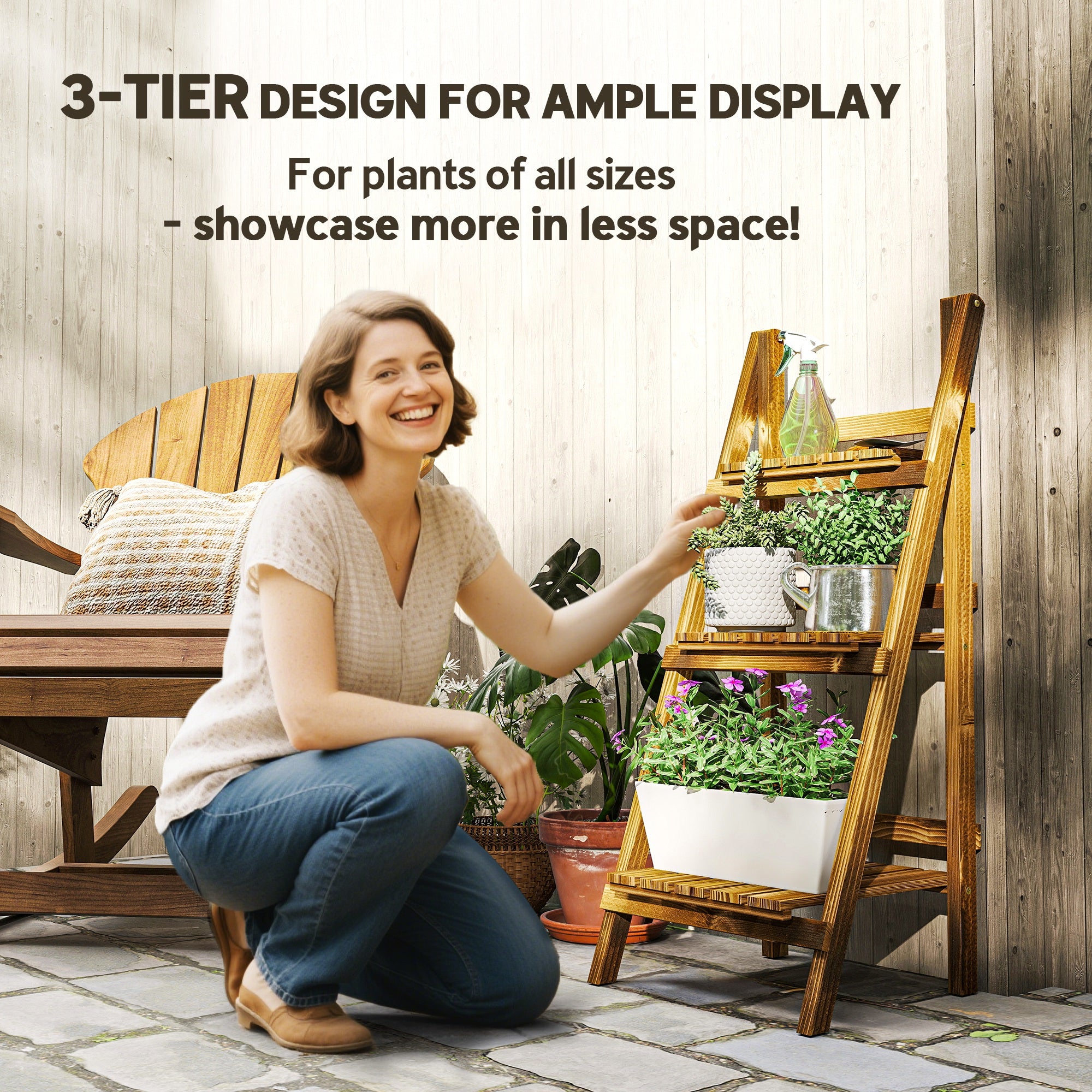 Outdoor Plant Stand, Foldable Flower Stand 3-Tier Wooden Plant Shelf for Garden Indoor Outdoor, 16" x 15" x 37"