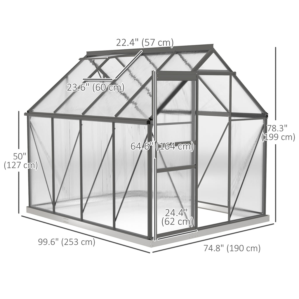 6' x 8' x 6.5' Polycarbonate Greenhouse, Walk-in Green House with Adjustable Roof Vent Galvanized Base Sliding Door Rain Gutter for Outdoor Garden Backyard, Charcoal Grey