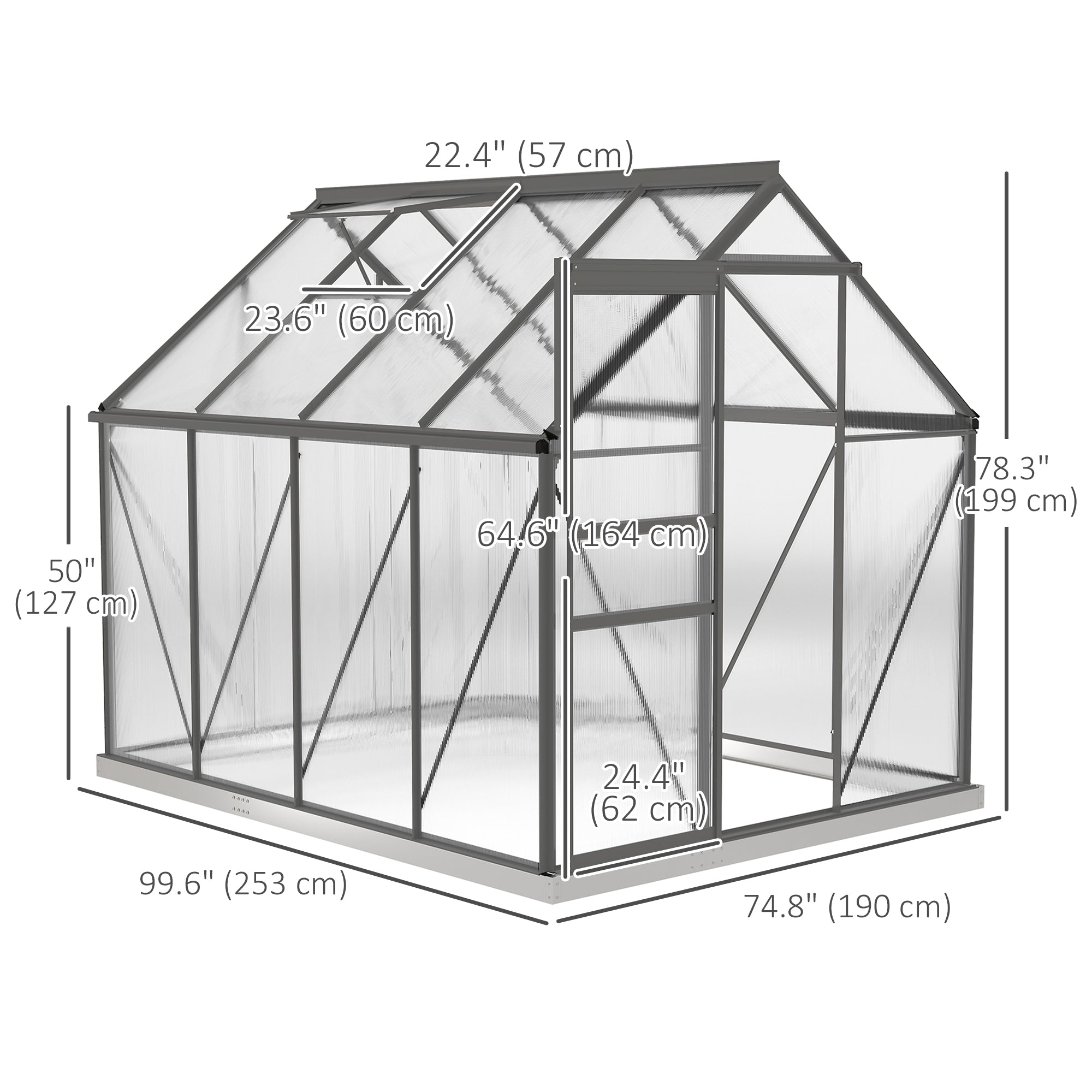 6' x 8' x 6.5' Polycarbonate Greenhouse, Walk-in Green House with Adjustable Roof Vent Galvanized Base Sliding Door Rain Gutter for Outdoor Garden Backyard, Charcoal Grey