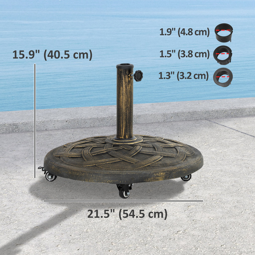 Round Patio Umbrella Base with Wheels, 44 lbs Resin Umbrella Stand Base, 1.3"/1.5"/1.9" Umbrella Poles Bronze