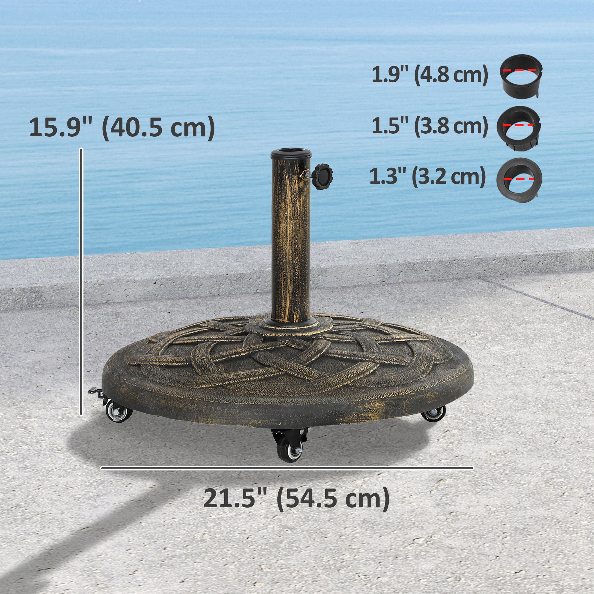 Round Patio Umbrella Base with Wheels, 44 lbs Resin Umbrella Stand Base, 1.3"/1.5"/1.9" Umbrella Poles Bronze