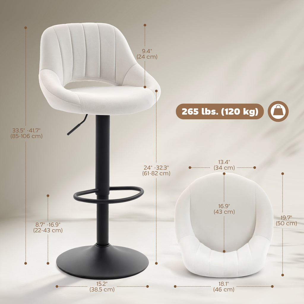 Bar Stools Set of 2, Swivel Counter Height Barstools with Adjustable Height and Cutout Back, Velvet Upholstered Bar Chairs with Round Metal Base and Footrest, Cream