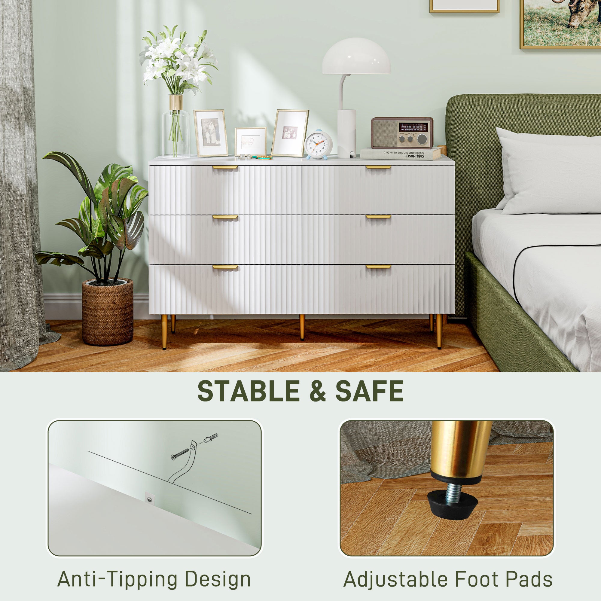 Modern Chest of Drawers 6 Drawer Dresser for Bedroom with Gold Legs and Handles, White