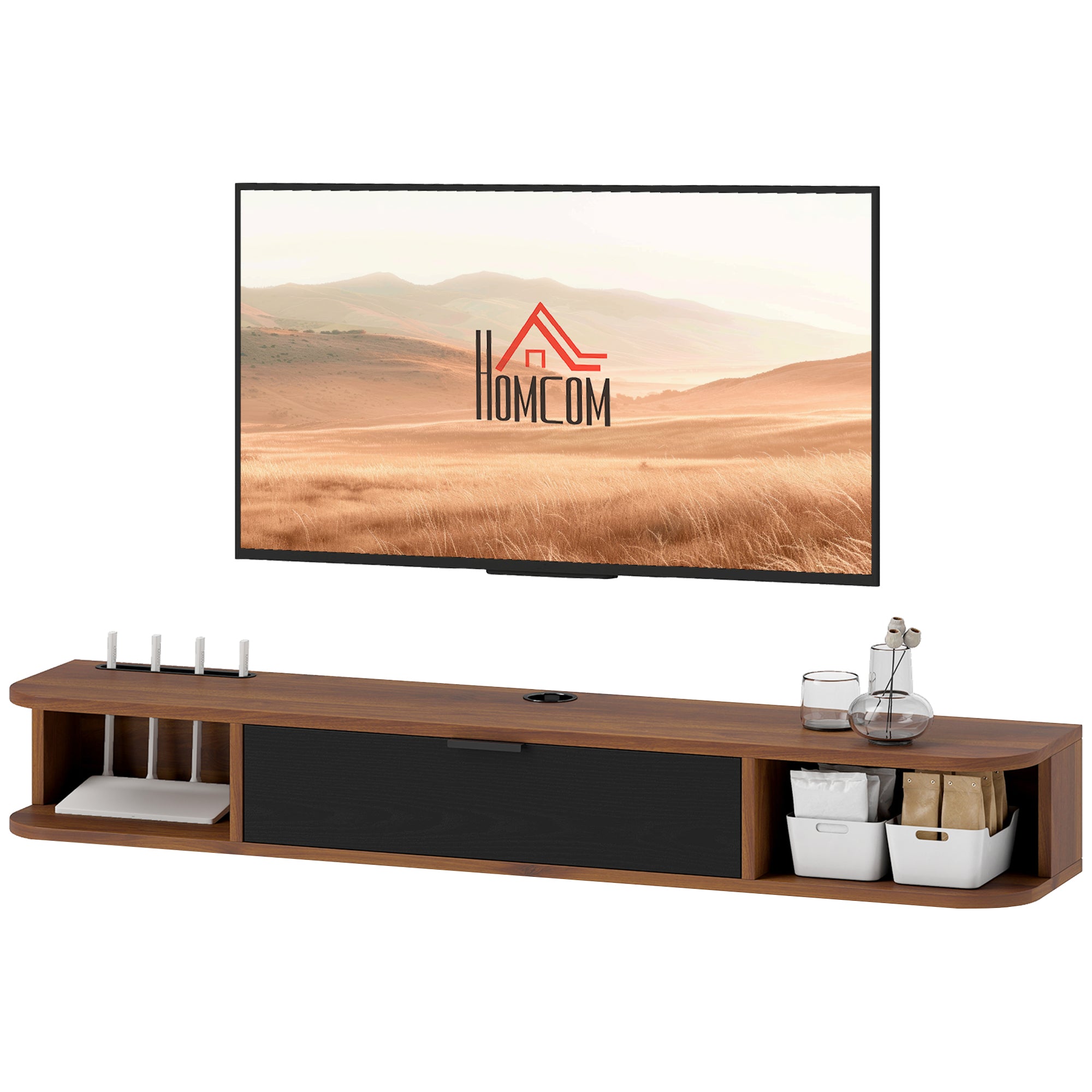 47" Floating TV Stand for TVs up to 50 Inch, Wall Mounted Media Console with Flip Drawer and 2 Open Shelves, Walnut