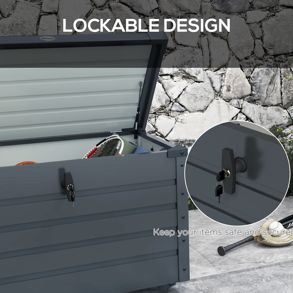 78 Gallon Garden Storage Box, Waterproof Outdoor Storage Container with Wheels and Handles, Dark Grey