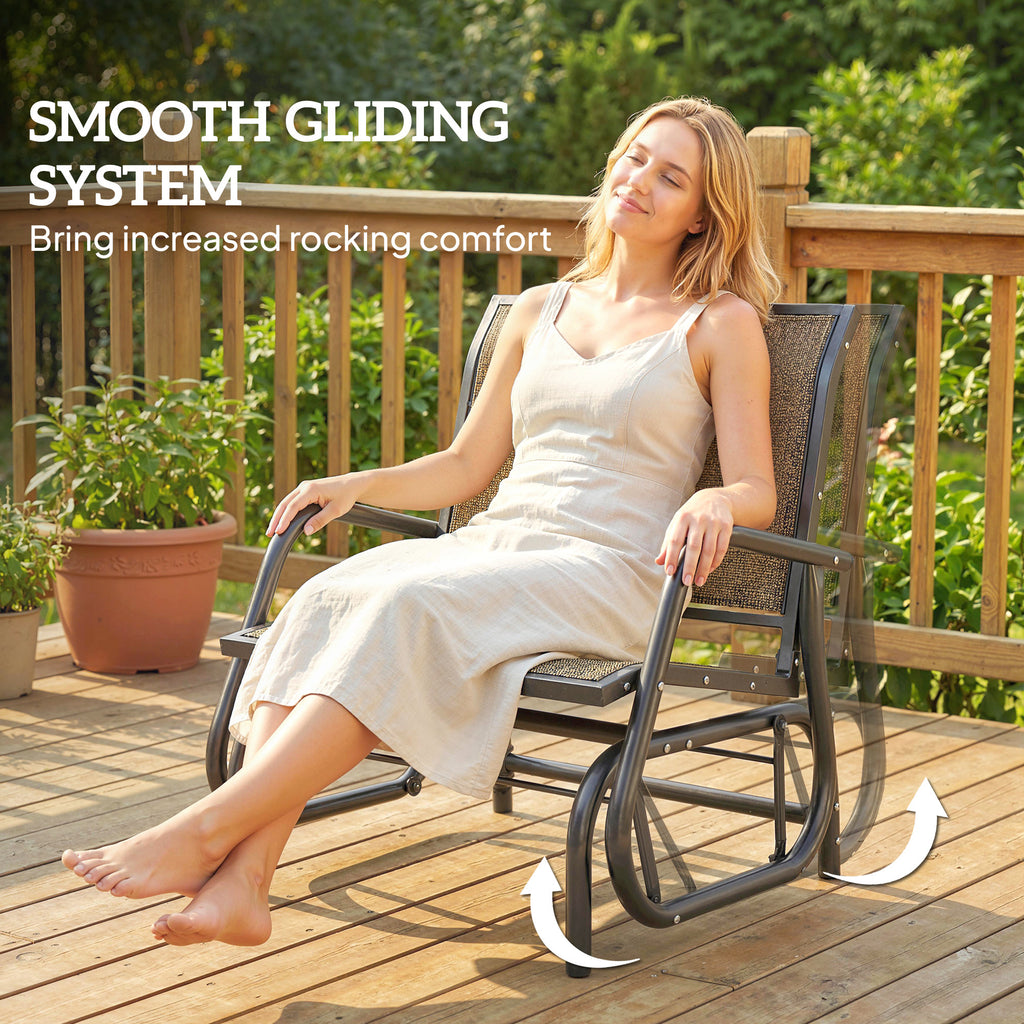 Patio Glider Outdoor Glider Chair with Breathable Mesh Seat & Backrest, Armrests and Metal Frame, Light Mixed Brown