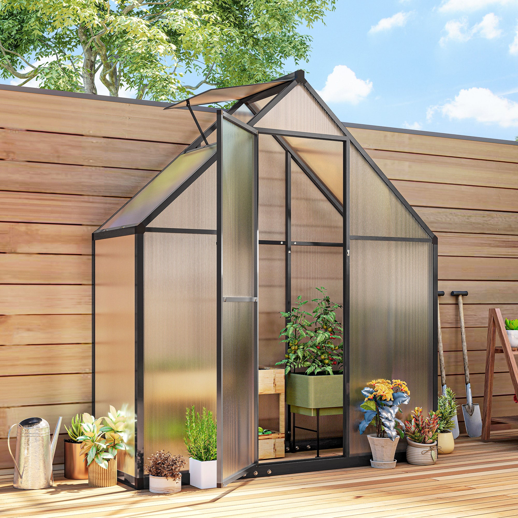 Polycarbonate Greenhouse Walk-in Greenhouse with Swing Door and Adjustable Window, 5.5 x 2ft, Black