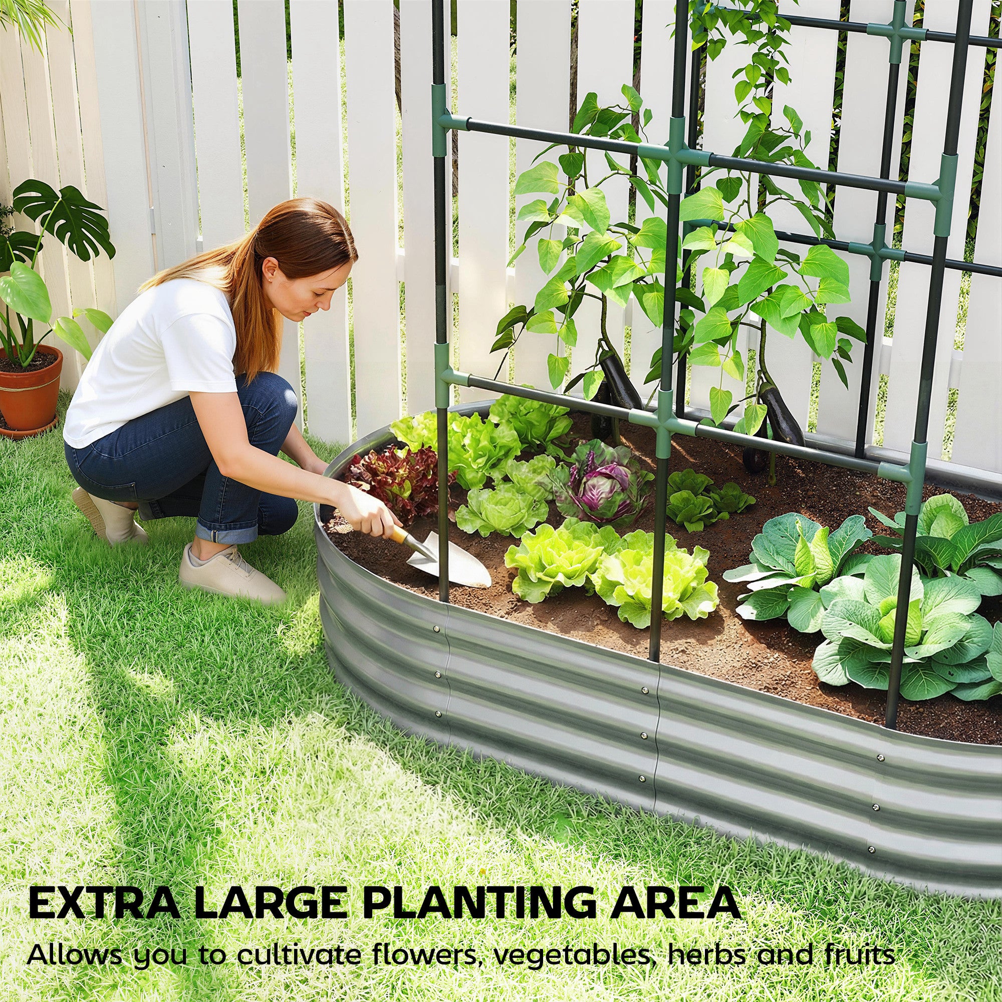 Galvanised Raised Garden Bed with Arched Trellis, 5 x 3 x 6ft Metal Outdoor Planter Box with Open Bottom, Silver