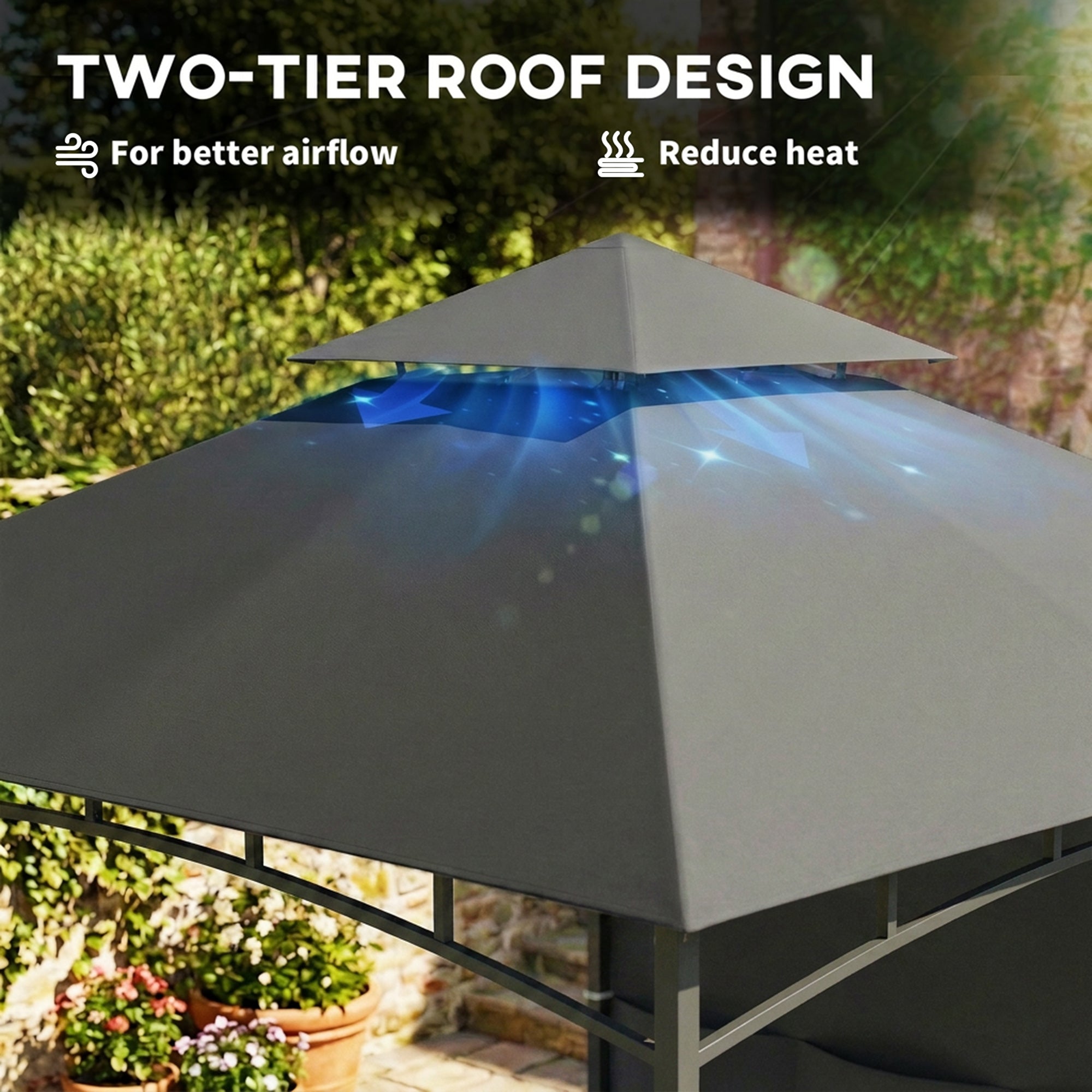 10' x 10' Patio Gazebo, Double Roof Outdoor Gazebo Canopy Shelter with Storage, Hook, Metal Frame, Dark Grey