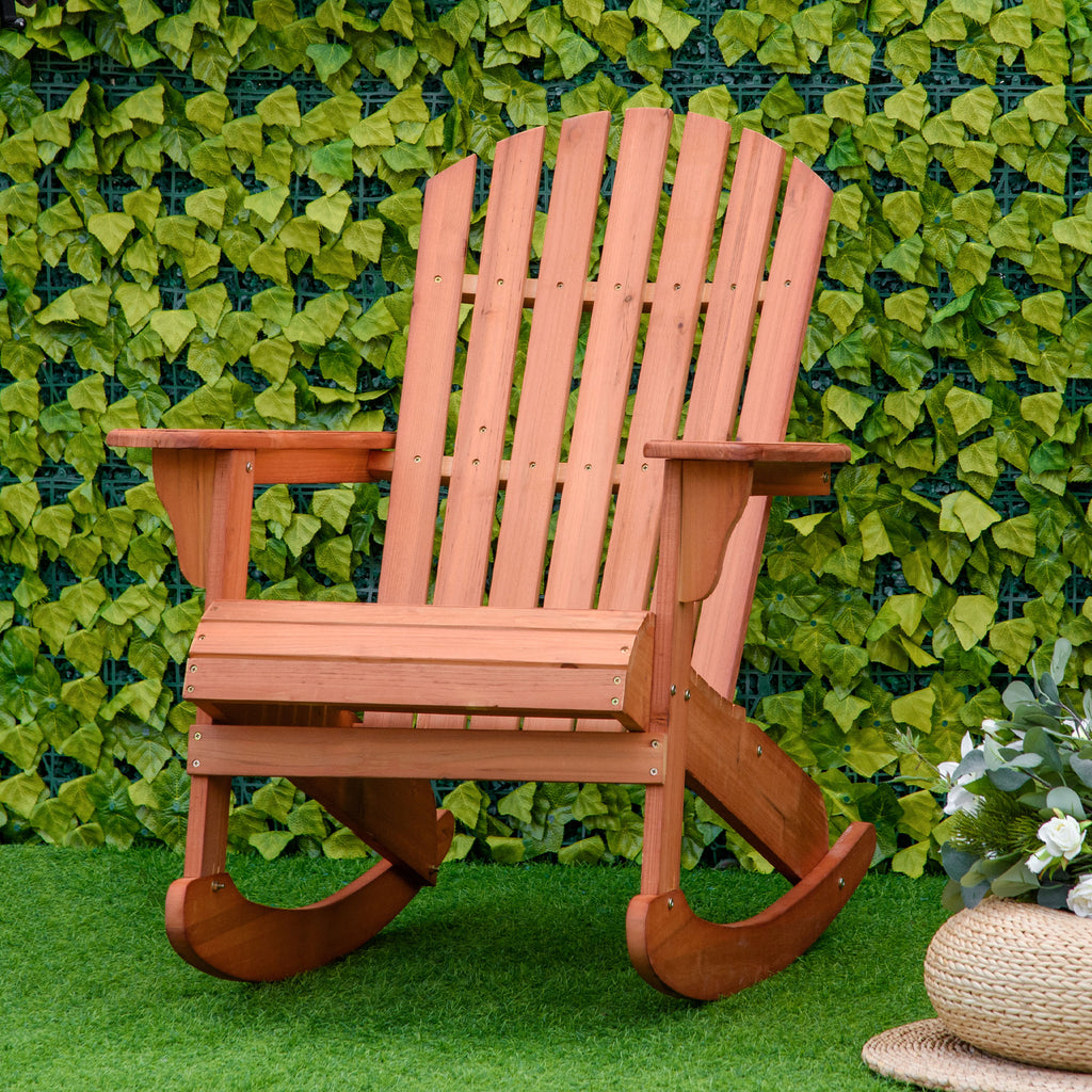 Wooden Adirondack Rocking Muskoka Chair with Slatted Wooden Design, Fanned Back and Classic Rustic Style, Teak
