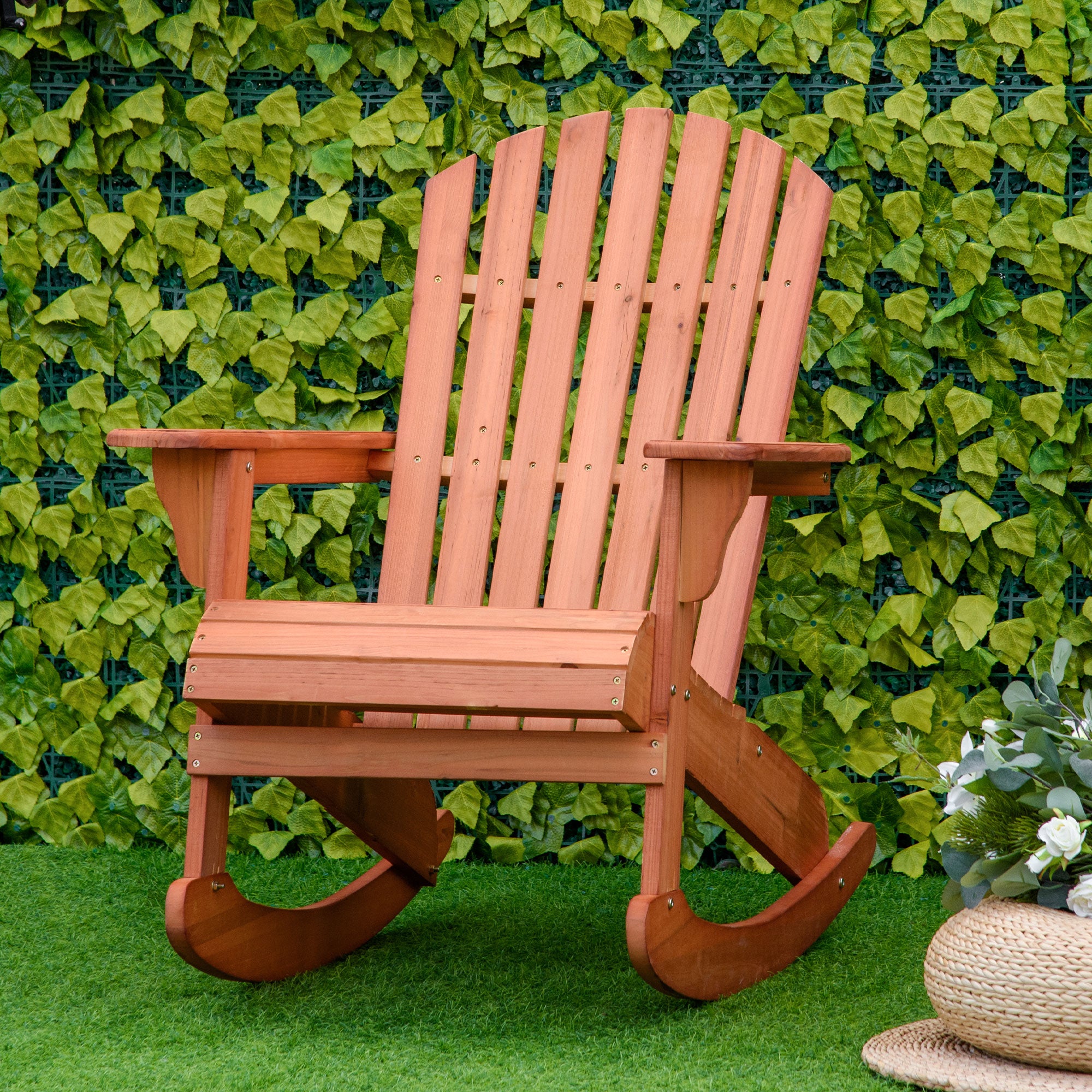Wooden Adirondack Rocking Muskoka Chair with Slatted Wooden Design, Fanned Back and Classic Rustic Style, Teak