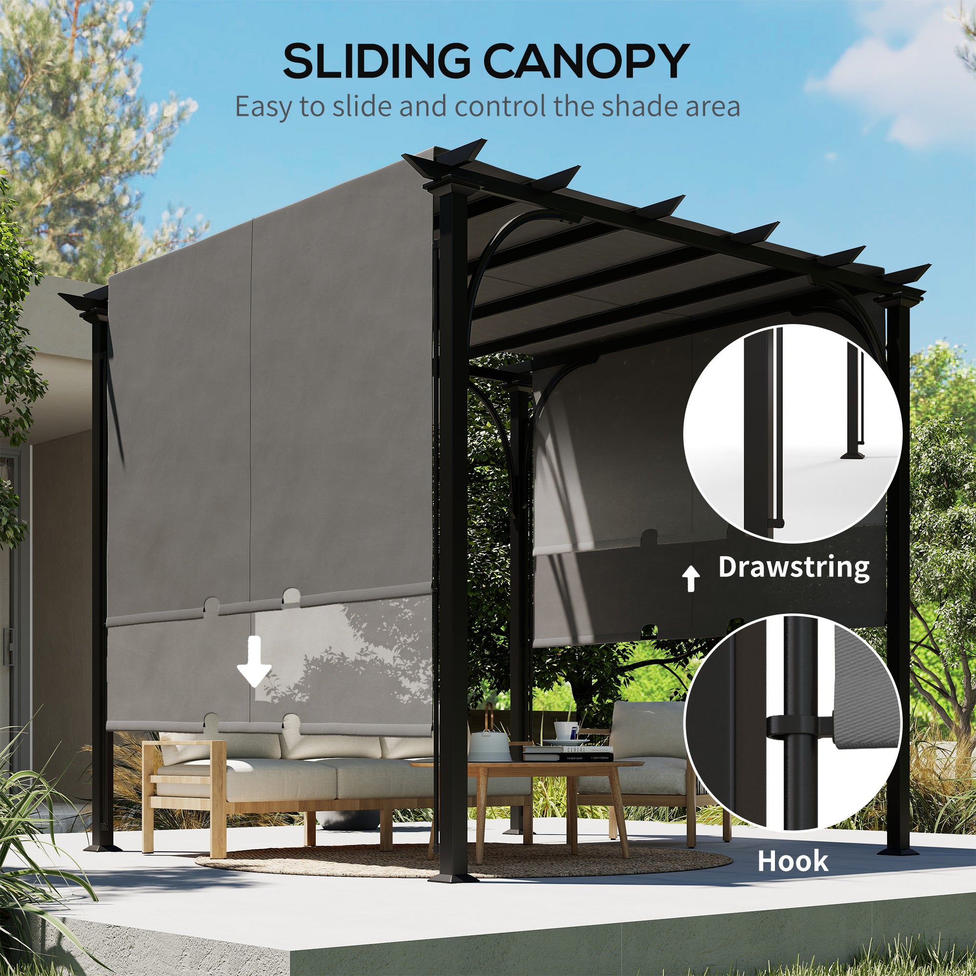 10' x 10' Retractable Pergola Canopy, UPF50+ Outdoor Metal Pergola Gazebo Sun Shade Shelter with Steel Frame, Dark Grey