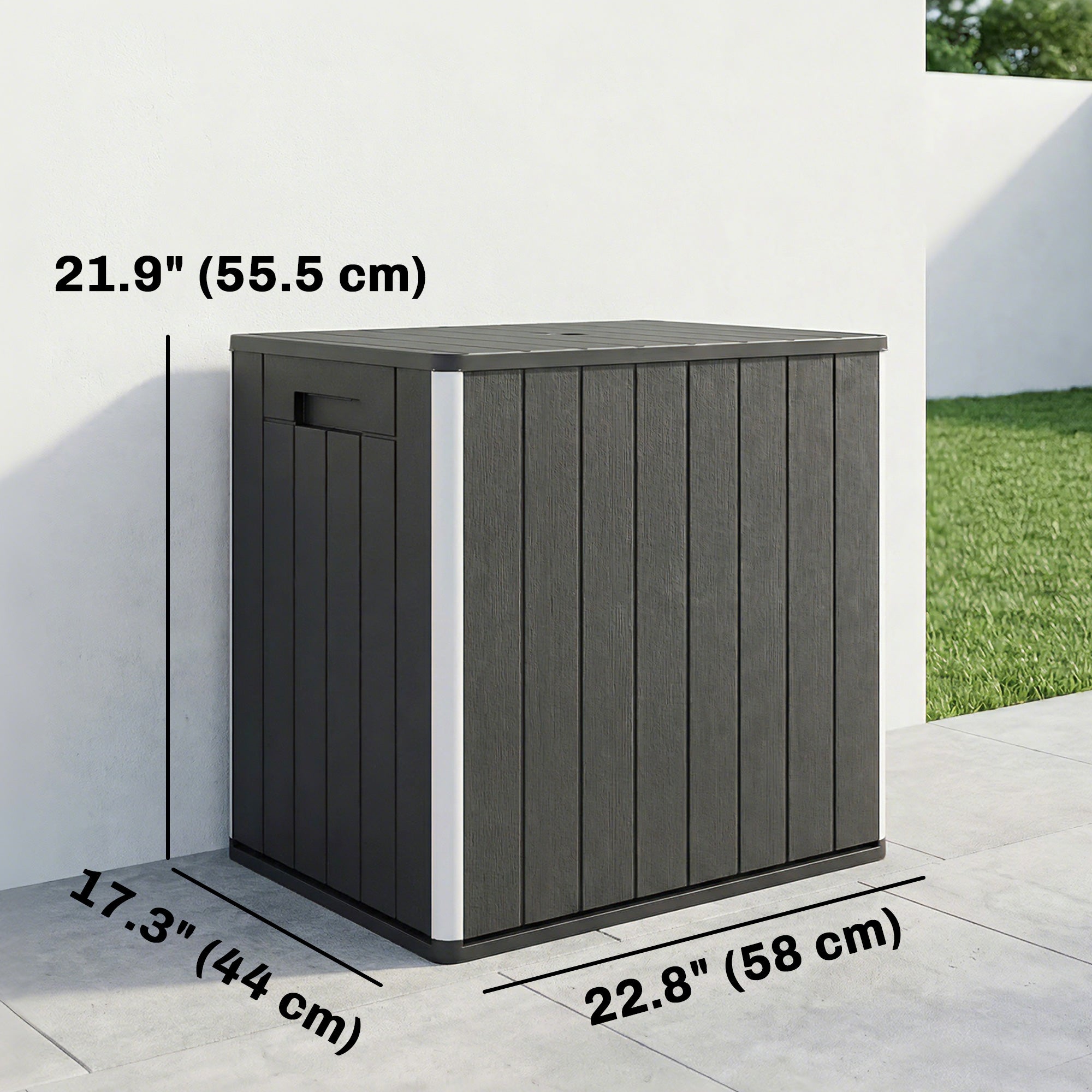 30 Gallon Storage Box, Outdoor Side Table with Umbrella Holder, Black