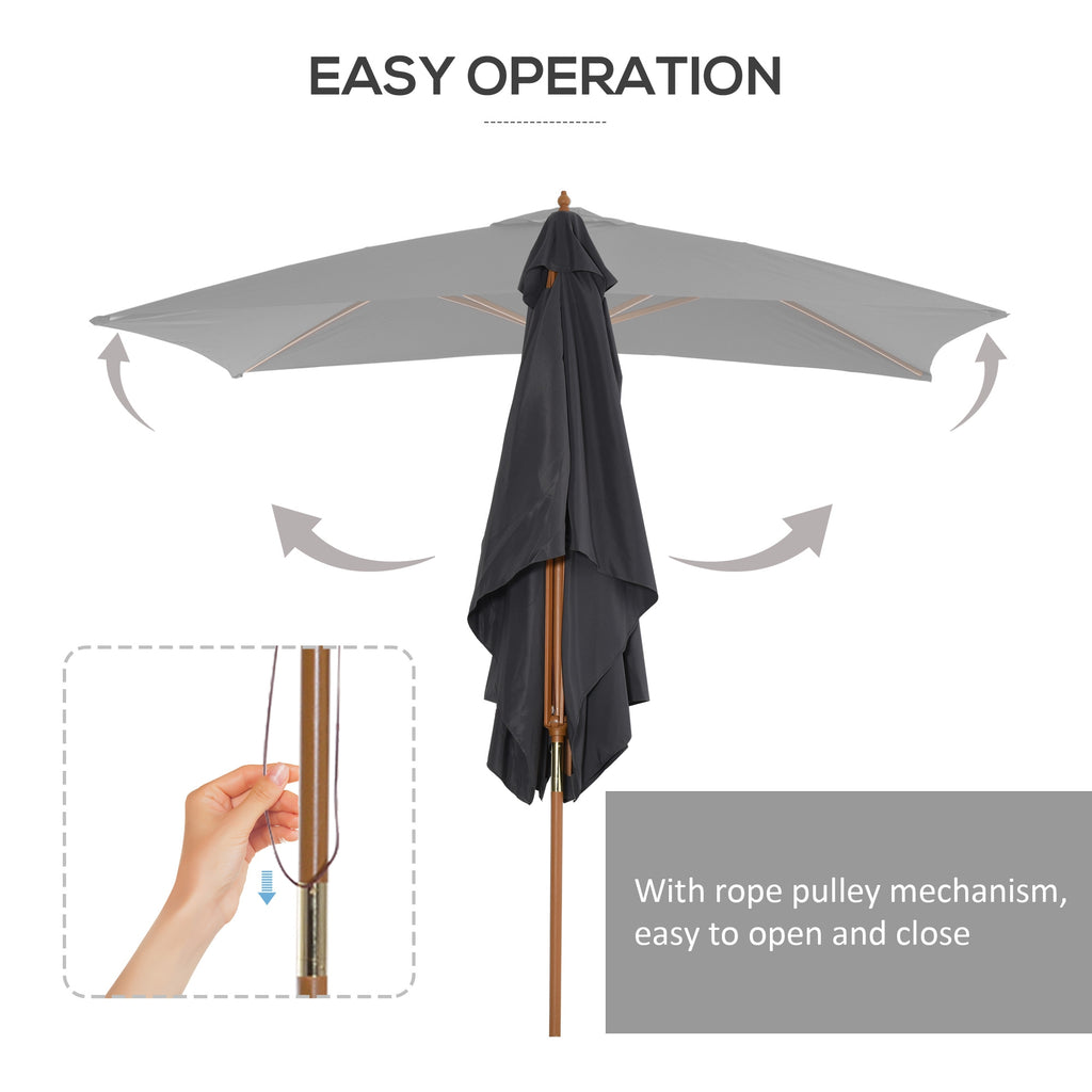 7' x 10' Wooden Patio Umbrella, Rectangle Garden Parasol, Outdoor Sunshade Canopy with Bamboo Ribs for Garden, Dark Grey
