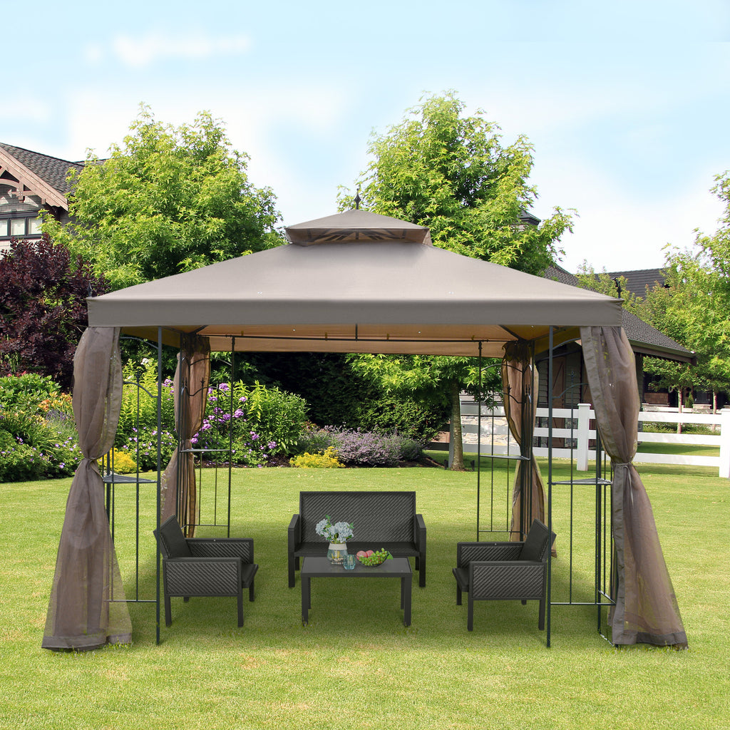 10' x 10' Steel Outdoor Patio Gazebo Canopy with Removable Mesh Curtains, Display Shelves, & Steel Frame, Brown
