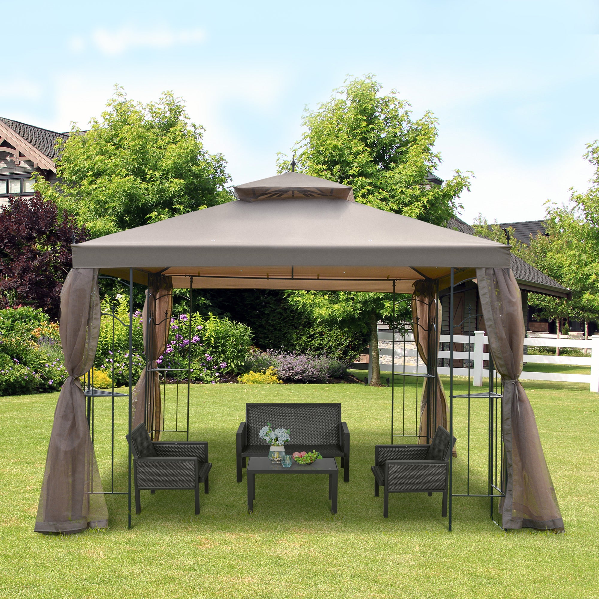 10' x 10' Steel Outdoor Patio Gazebo Canopy with Removable Mesh Curtains, Display Shelves, & Steel Frame, Brown