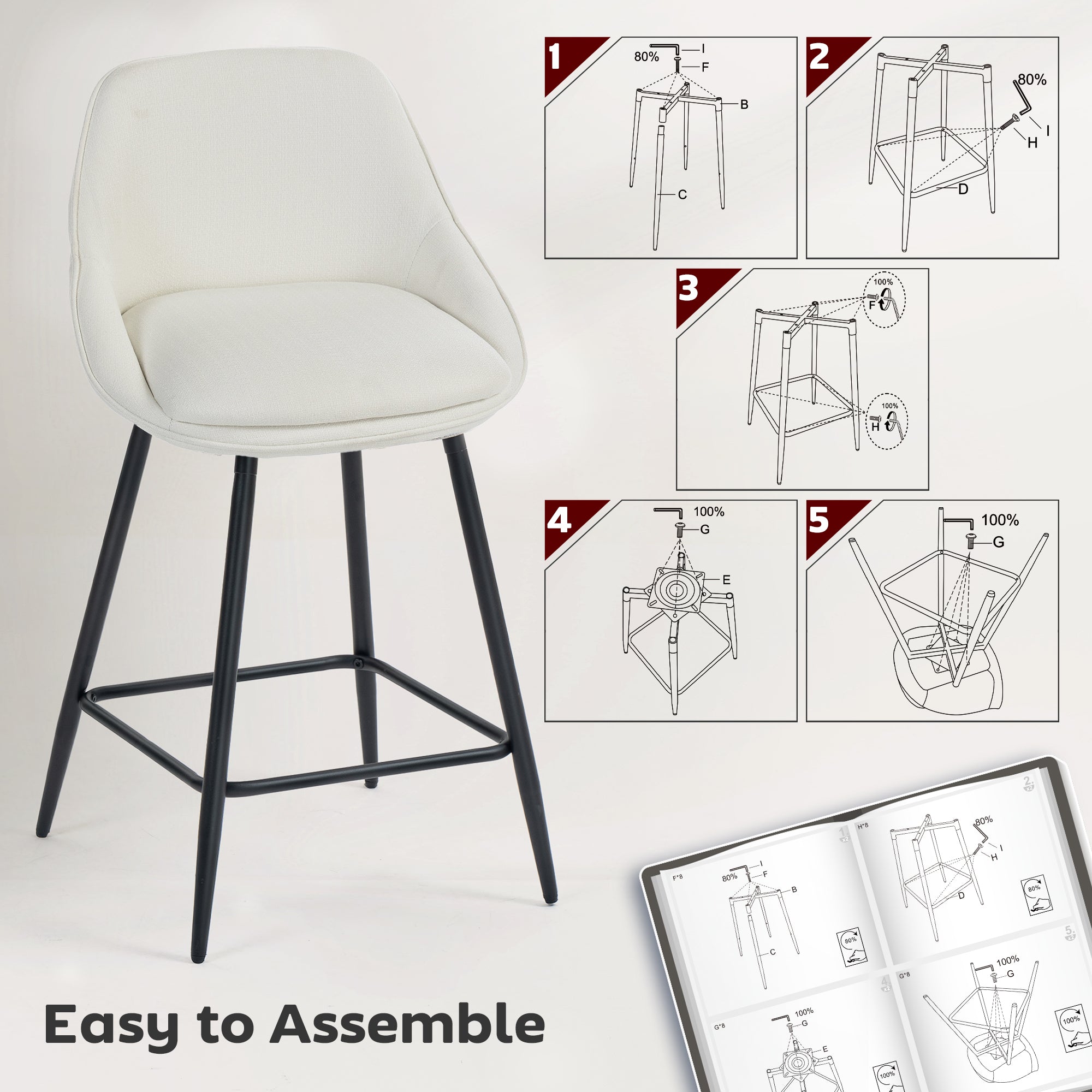 26" Counter Height Barstools Set of 2, Upholstered Swivel Bar Stools with Backrests and Armrests, Cream White