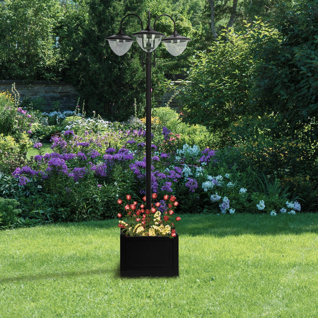3-head LED Solar Light Lamp Street Light Post with Planter, Solar-powered Lamp Post, Black