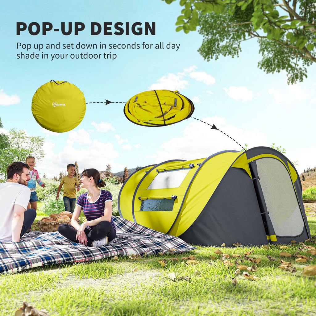 4 Person Camping Tent, Easy Pop Up Tent with Doors, Windows and Carry Bag, Automatic Setup Tent for Hiking, Yellow