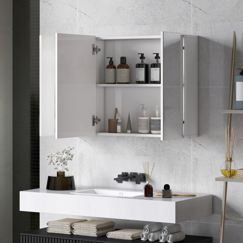 35" x 24" Wall Mounted Mirror Cabinet, Bathroom Medicine Cabinet with Mirror, 3 Doors and Adjustable Shelves, White