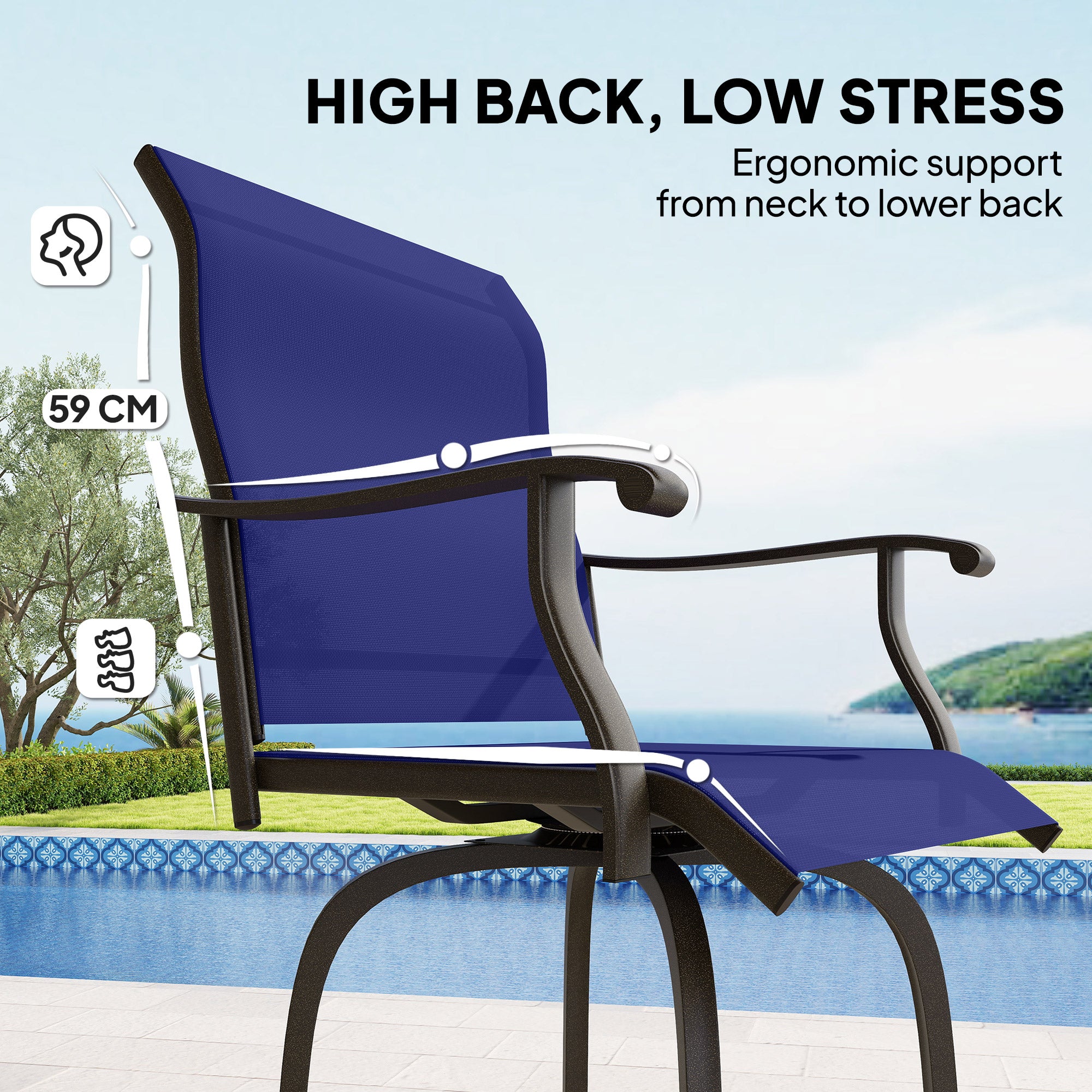 Outdoor Bar Stools Set of 2, Swivel Bar Height Chairs with High Back, Curved Armrests and Steel Frame, Navy Blue
