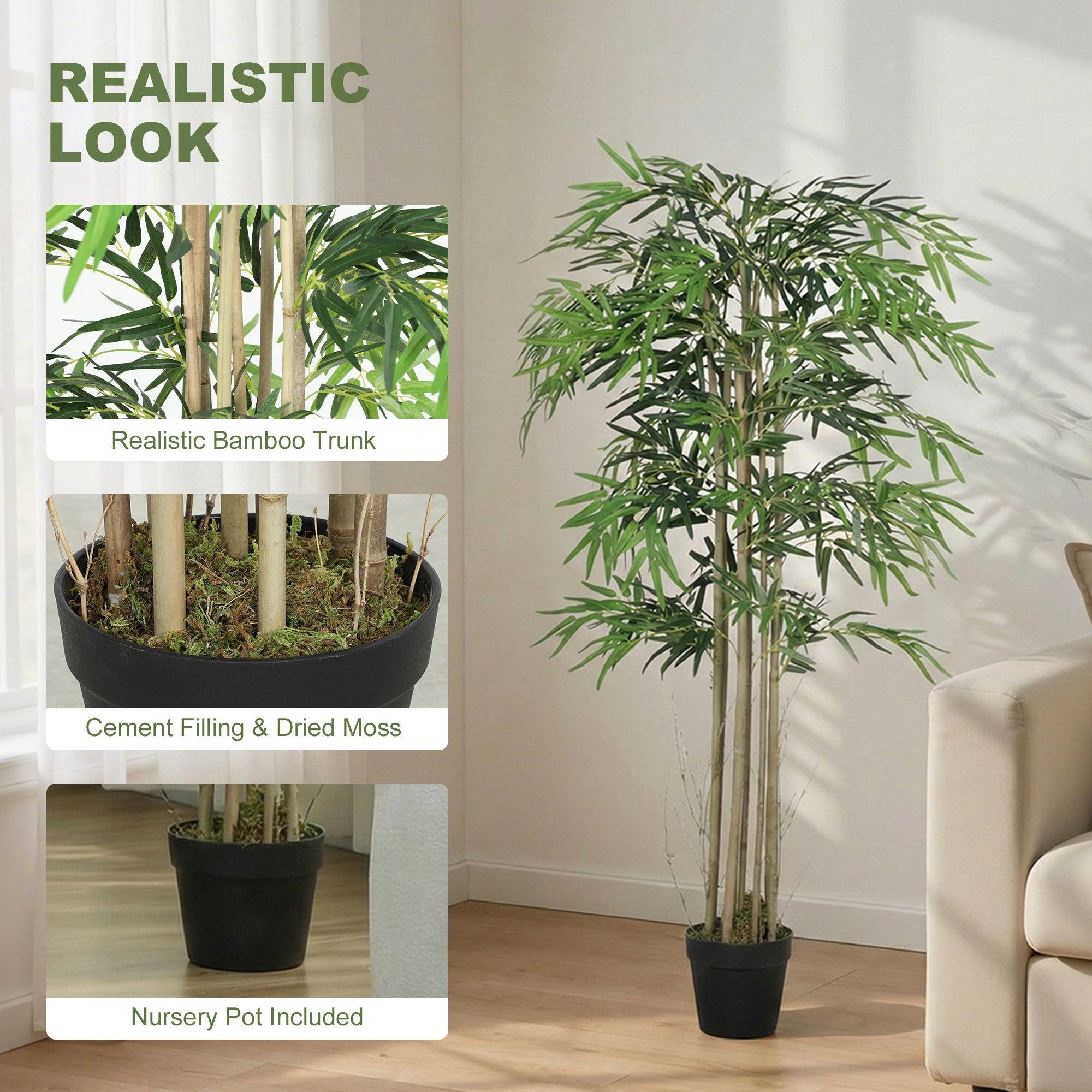 5FT Artificial Bamboo Tree Set of 2, Fake Plant with 1095 Leaves, Greenery Plant in Nursery Pot for Indoor, Green