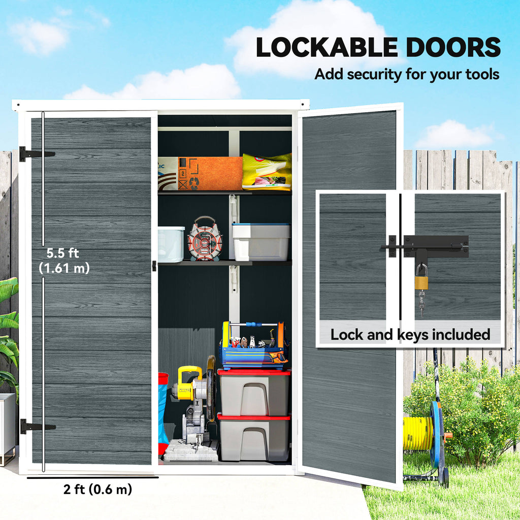 Outdoor 4.4' x 2.3' Plastic Storage Shed with Lockable Doors and Foldable Shelves, Wood-Effect Garden Shed, Grey