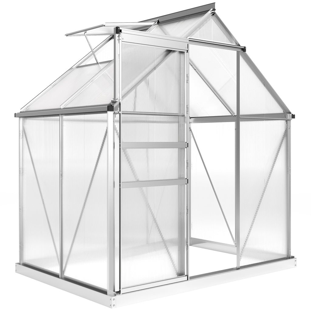 6' x 4' x 6.6' Walk-in Greenhouse, Polycarbonate Greenhouse with Adjustable Roof Vent, Base, Sliding Door, Clear