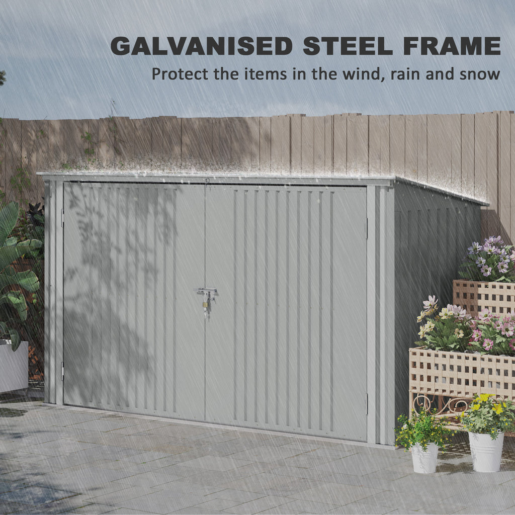7.6 x 3.4ft Outdoor Storage Shed, 3 Garbage Bin Shed Organizer with Lockable Double Doors, Openable Lid, Silver Grey
