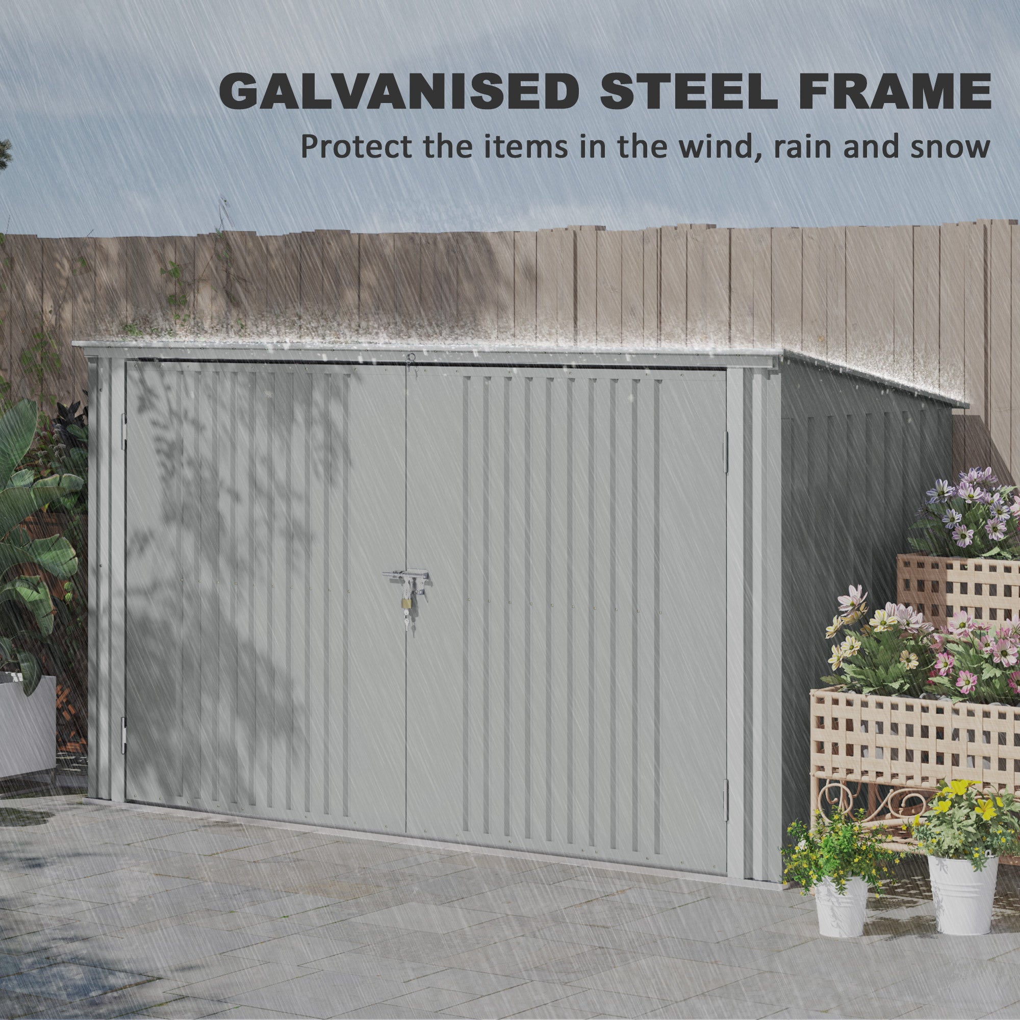 7.6 x 3.4ft Outdoor Storage Shed, 3 Garbage Bin Shed Organizer with Lockable Double Doors, Openable Lid, Silver Grey