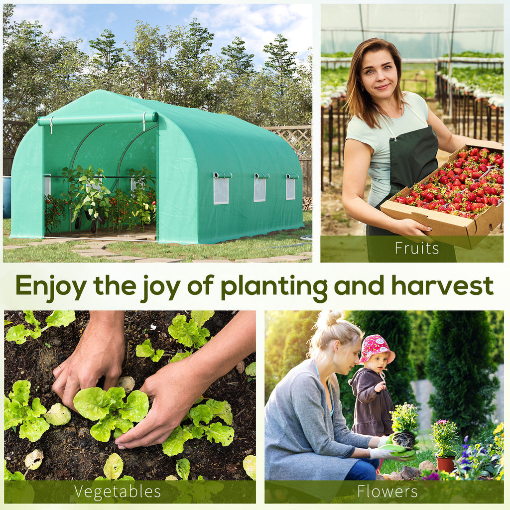 15' x 10' x 7' Walk-in Greenhouse Outdoor Plant Tunnel Warm Hot House w/ Roll Up Door and 6 Mesh Windows, Steel Frame, Green