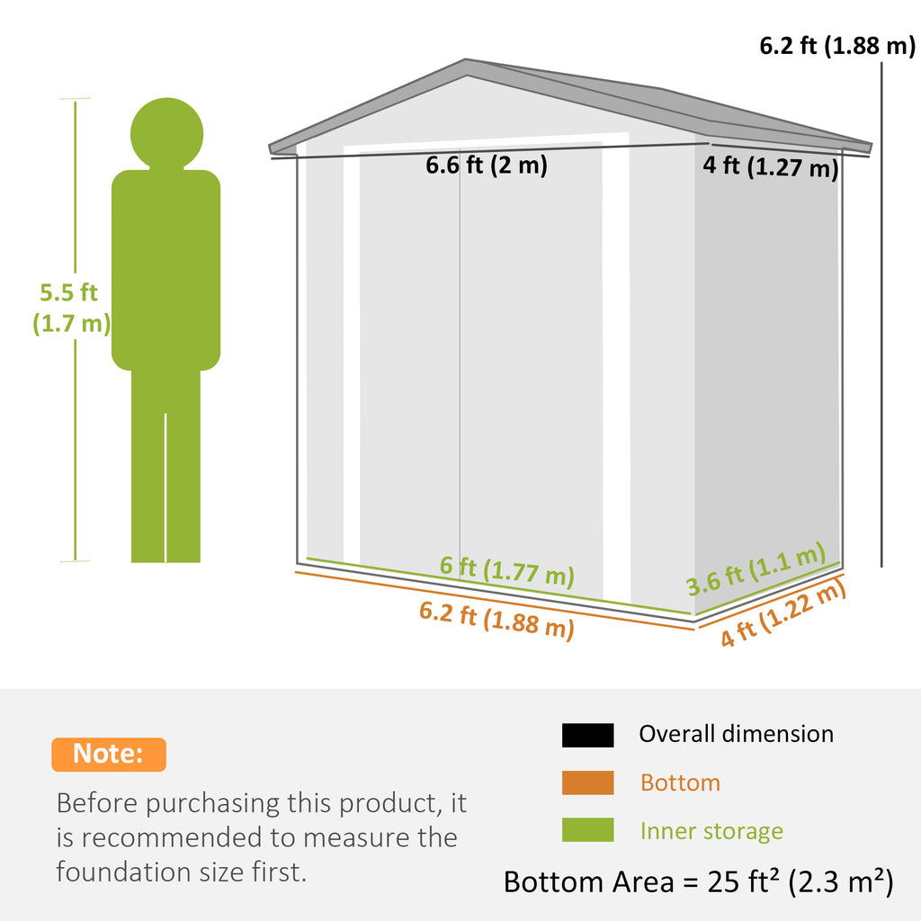 6.5' x 4'  Outdoor Storage Shed, Metal Garden Shed with Lockable Double Doors, 4 Vents, Light Grey