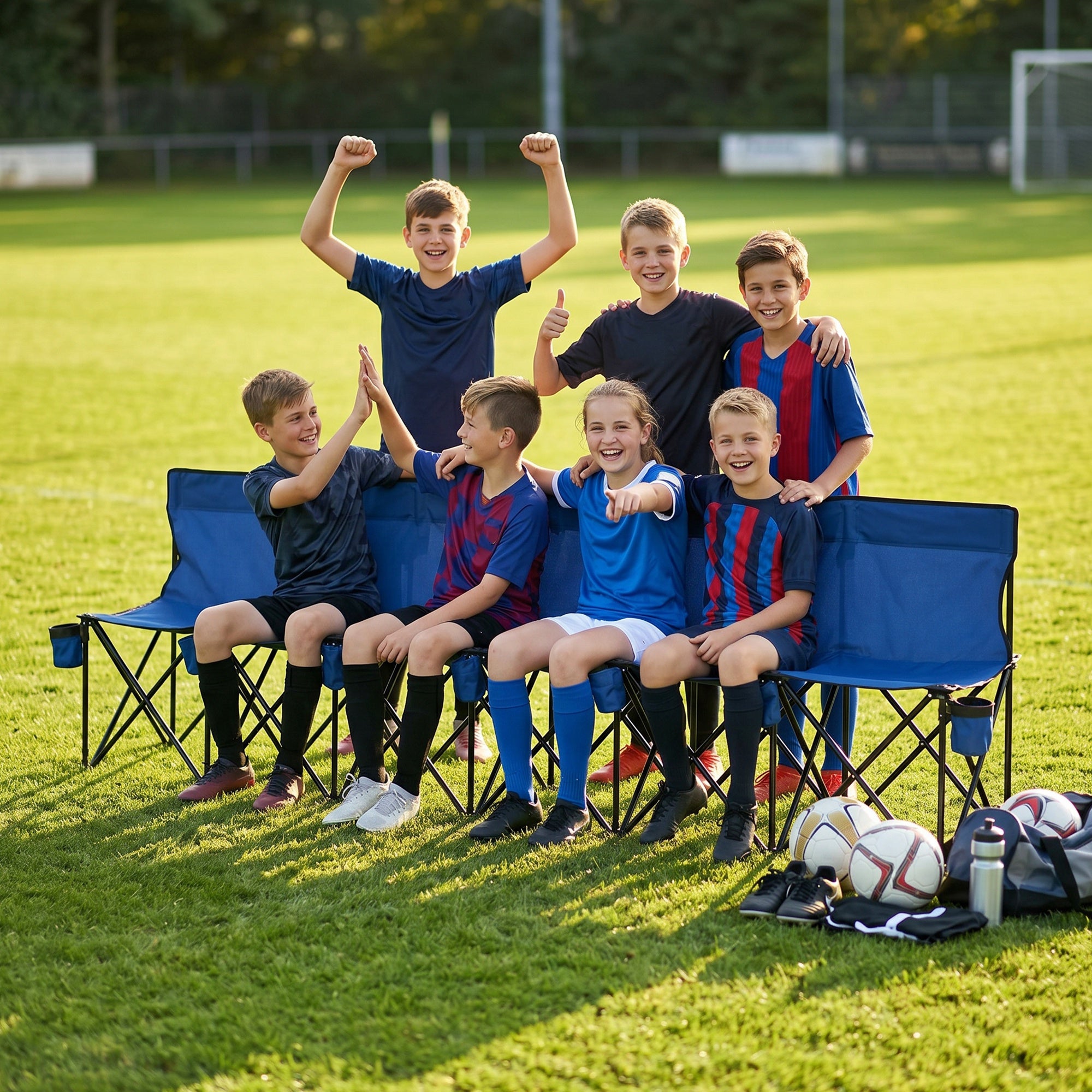 6 Seat Folding Camping Chair with Cup Holder and Carrying Case for Camping, Picnic, Sports Events, Blue