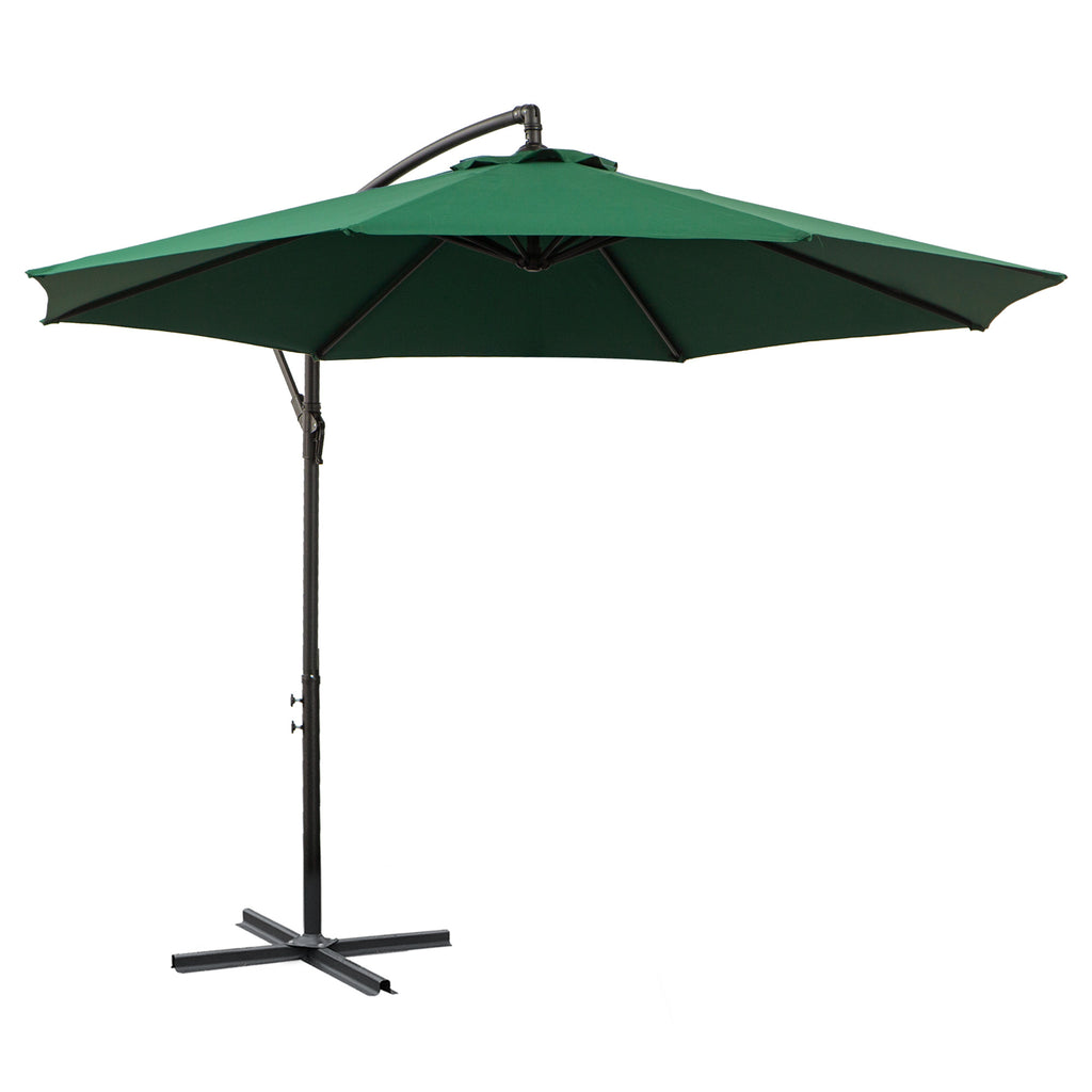 9.7ft Offset Patio UmbrellaCantilever Parasol with Crank Handle, 8 Ribs and Cross Base for Outdoor, Sun Shade, Green