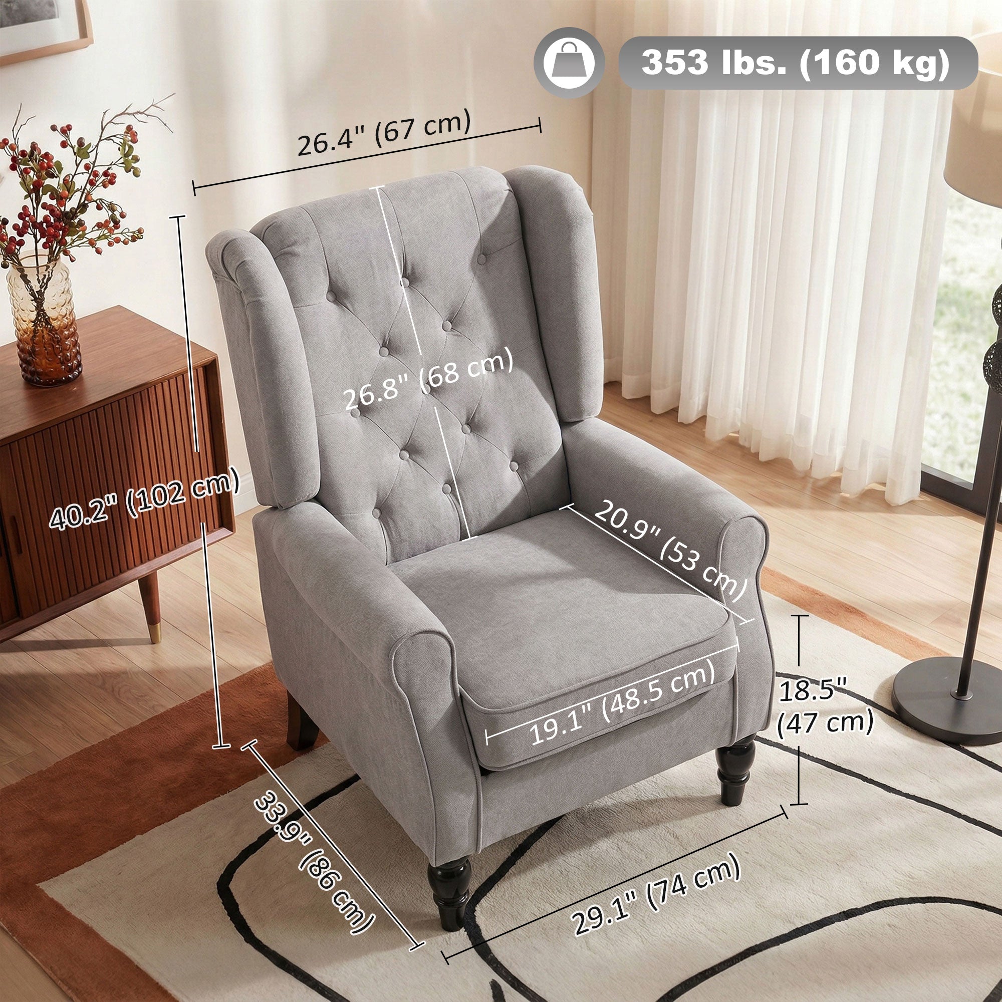 Fabric Accent Chair, Button Tufted Armchair, Upholstered Modern Living Room Chair, Wingback Chair with Wood Legs, Rolled Arms, Thick Padding for Bedroom, Grey