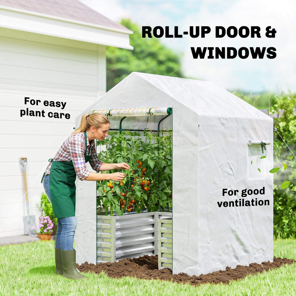 Greenhouse with Raised Garden Bed, Galvanized Metal Planter Box with PE Cover, Roll Up Door, 56" x 56" x 75", White