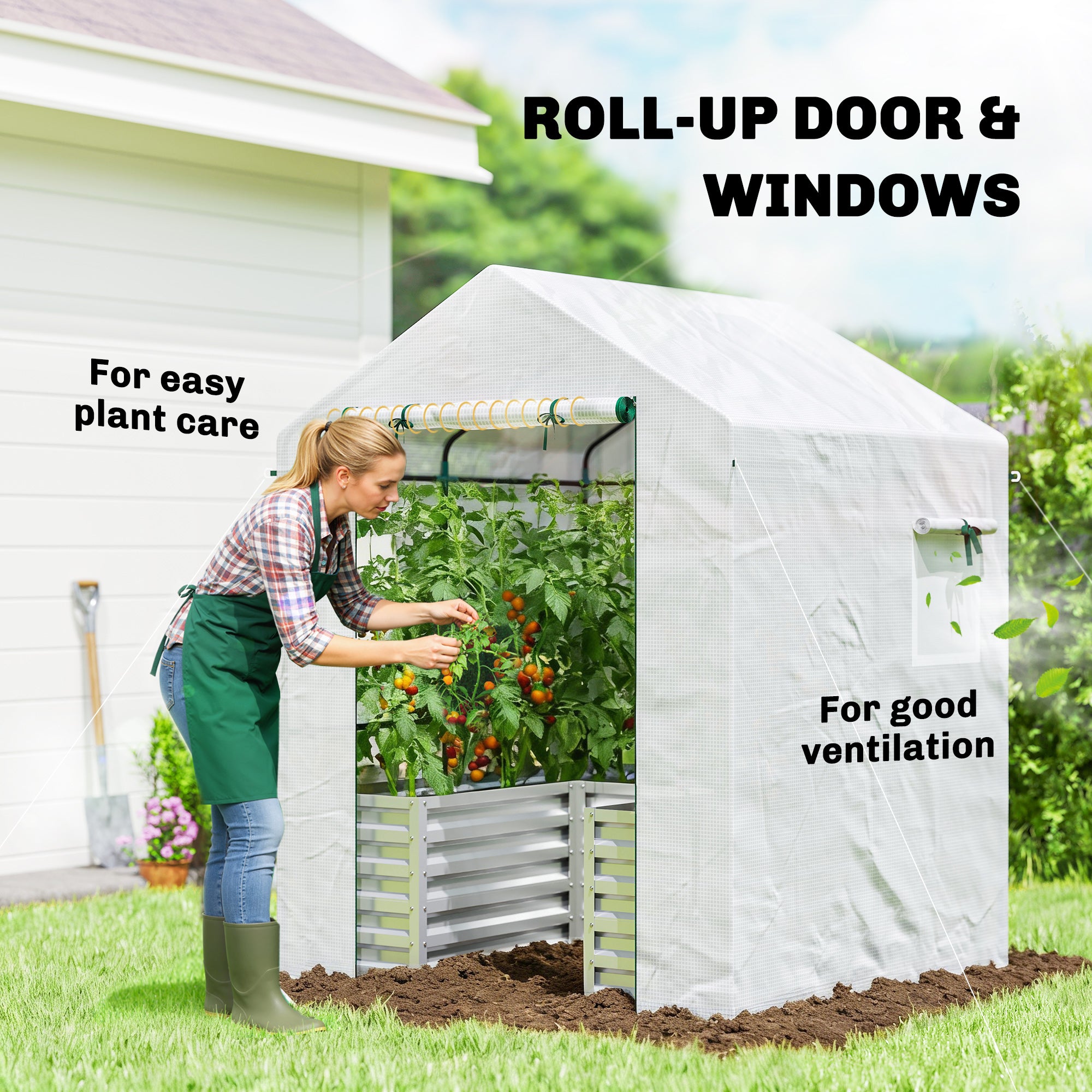Greenhouse with Raised Garden Bed, Galvanized Metal Planter Box with PE Cover, Roll Up Door, 56" x 56" x 75", White