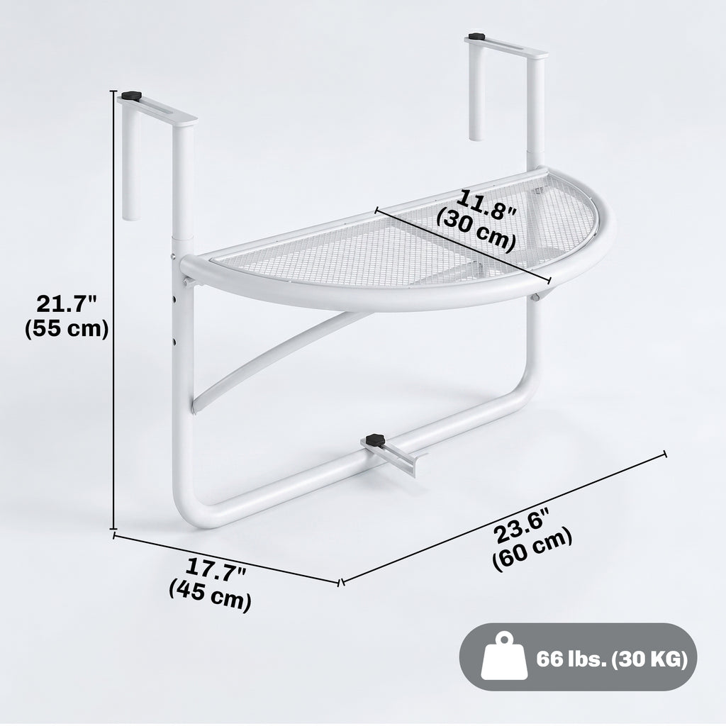 Adjustable Balcony Hanging Railing Table, Metal Mounting Mini Wall Desk Storage Rack, Outdoor Flower Stand Serving Table Half Round, White