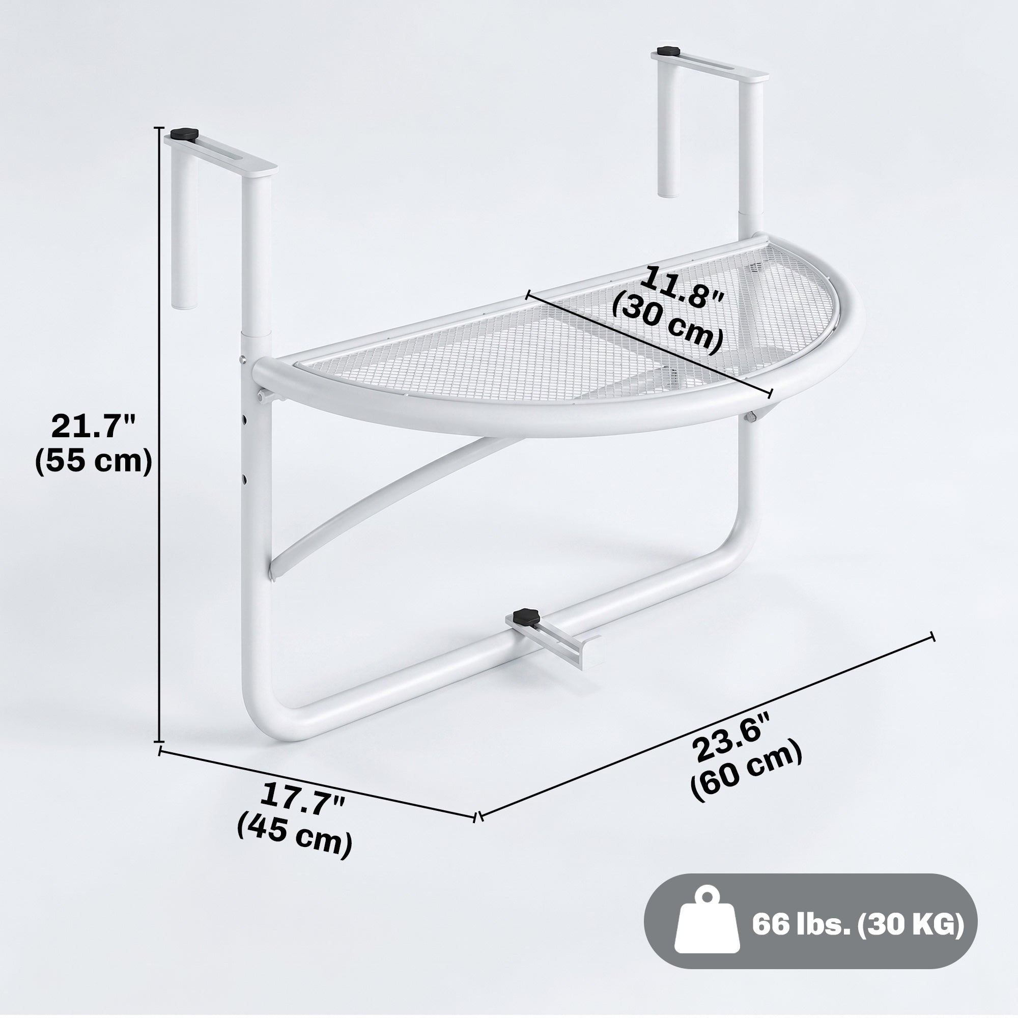 Adjustable Balcony Hanging Railing Table, Metal Mounting Mini Wall Desk Storage Rack, Outdoor Flower Stand Serving Table Half Round, White