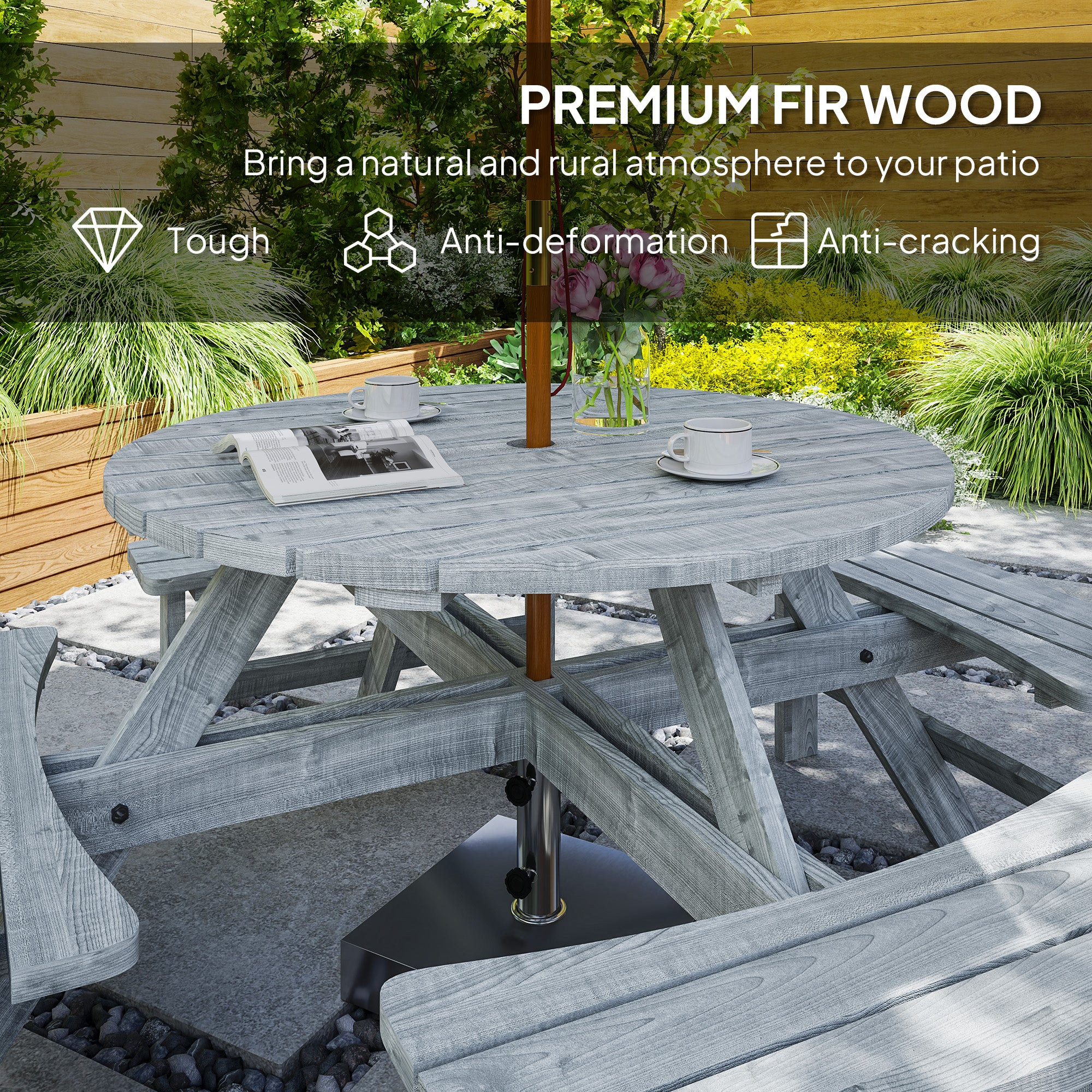 8 Seater Round Wooden Pub Bench & Picnic Table, Patio Dining Set for Outdoor Patio (Umbrella Not Included)