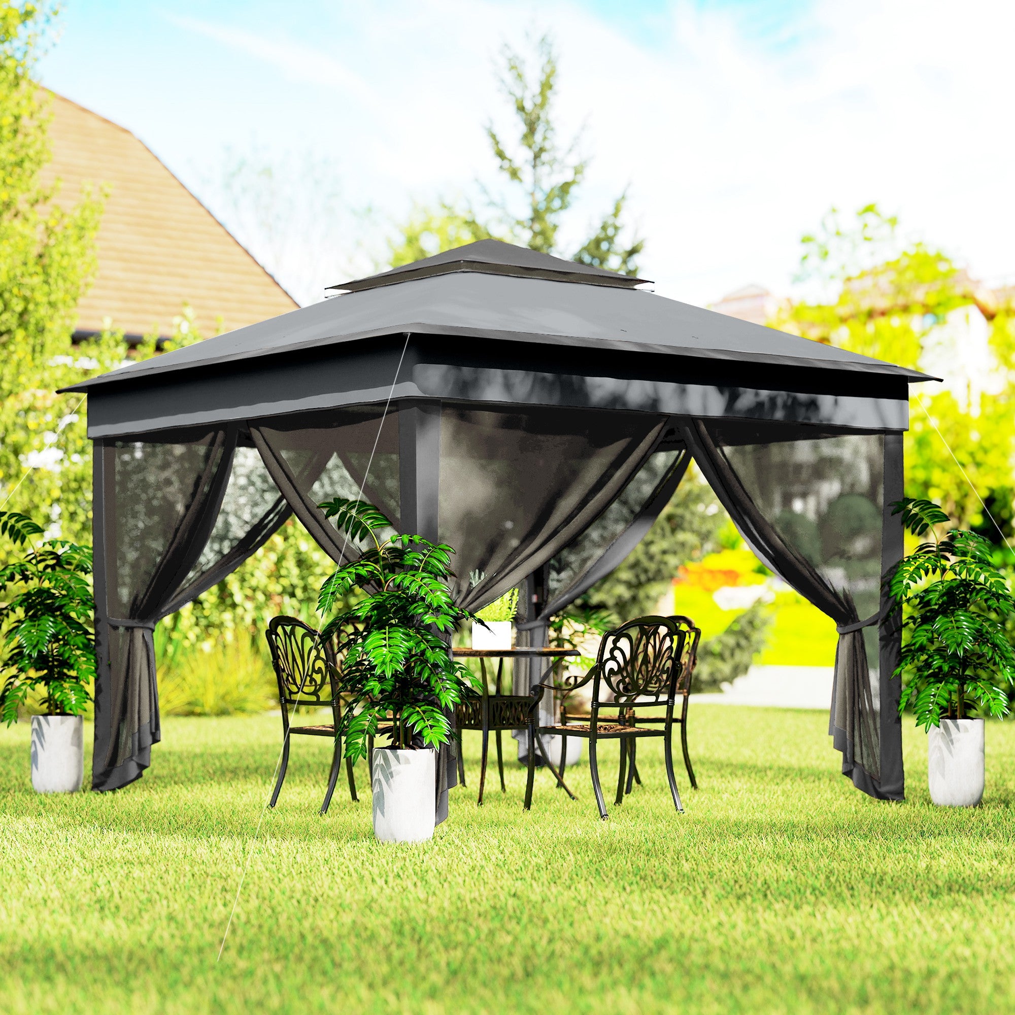 10.7 x 10.7ft Pop Up Gazebo, Adjustable Instant Sun Shelter with UV30+ Roof Cover, Removable Mesh Curtains, Dark Grey