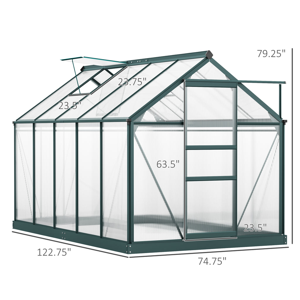 6' x 10' x 6.6' Polycarbonate Greenhouse, Walk-In Green House Kit Garden, Plants Grow, Galvanized Sheet Aluminum Frame with Rain Gutter, Vents and Sliding Door, Green