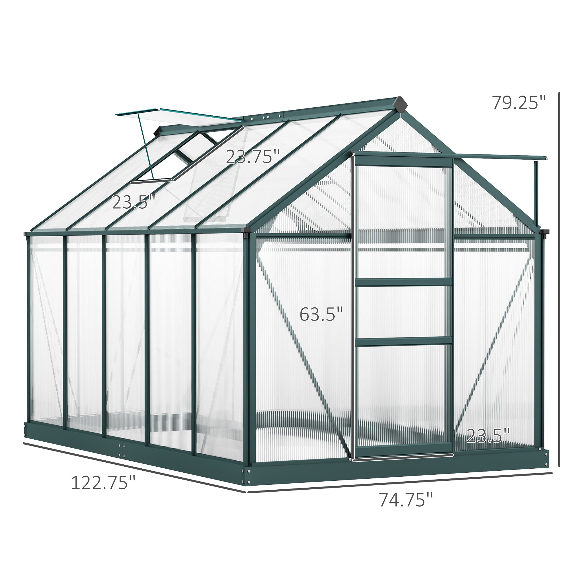 6' x 10' x 6.6' Polycarbonate Greenhouse, Walk-In Green House Kit Garden, Plants Grow, Galvanized Sheet Aluminum Frame with Rain Gutter, Vents and Sliding Door, Green