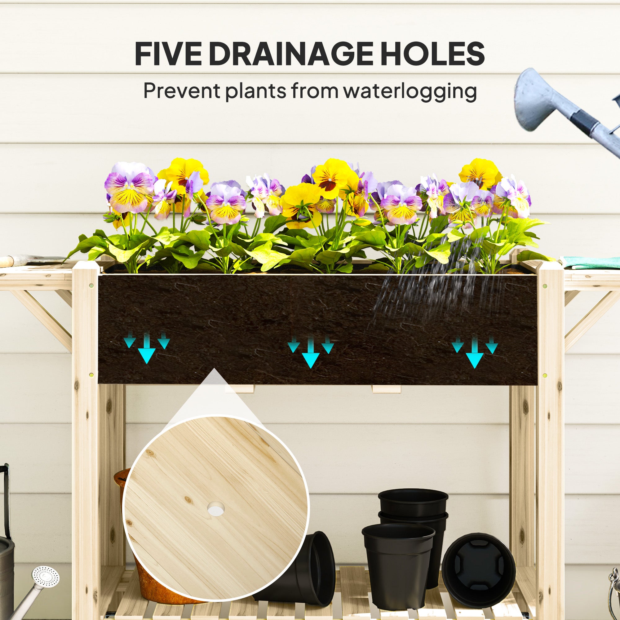 Raised Garden Bed, Wood Planter Box with Lockable Wheels, Side Tables, Bottom Shelf, Bed Liner, Drain Holes, Natural
