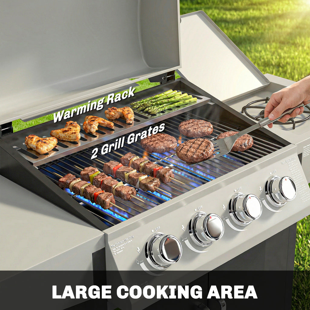 4+1 Burner Liquid Propane Gas Grill, Outdoor Portable BBQ Grill with Side Burner, Warming Rack, Side Shelf