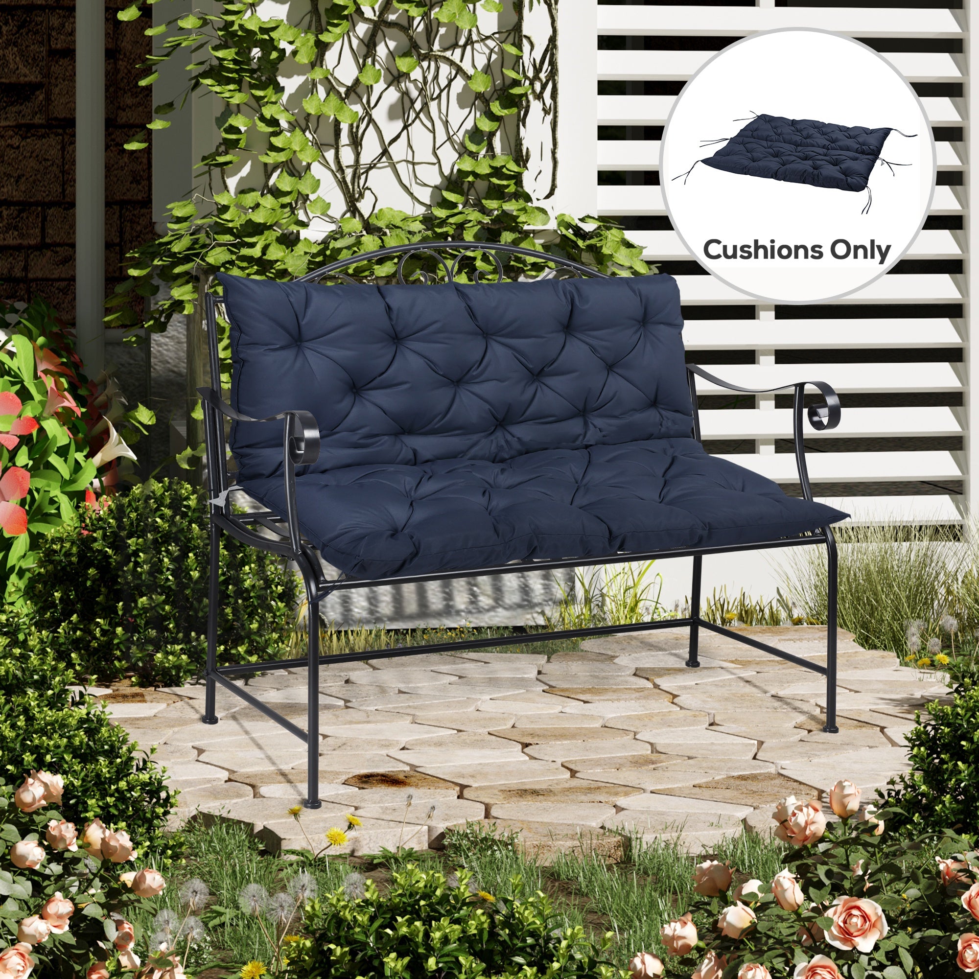 2 Seater Garden Bench Cushion, Soft Thick Outdoor Non-Slip 2 Seater Soft Pad With Backrest for Garden Patio, 52" x 43" x 4", Navy Blue