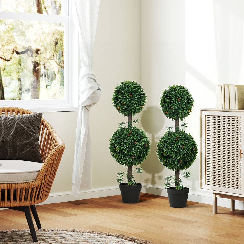 3FT Artificial Boxwood Topiary Tree Set of 2, Faux Two Ball Topiary Tree in Pot for Indoor Outdoor Decor, Green