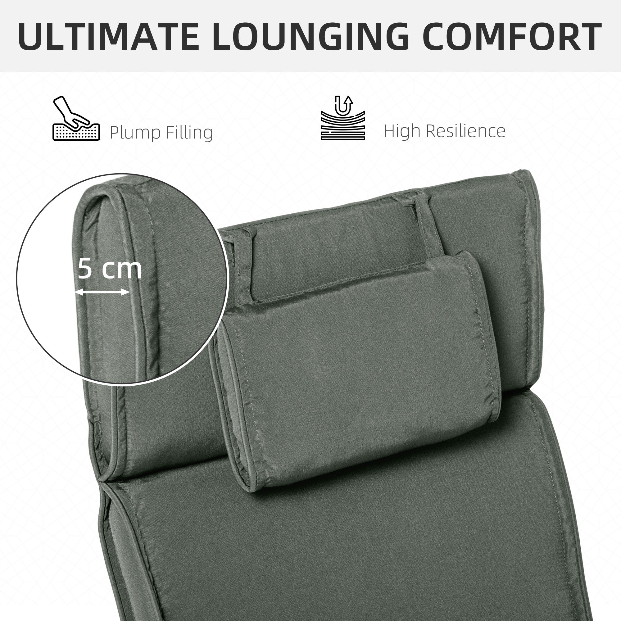 Garden Lounger Chair Cushion Replacement, Deep Seat Patio Cushions with Thick Padded, Headrest, Removable Cover, Cushion ONLY, Grey