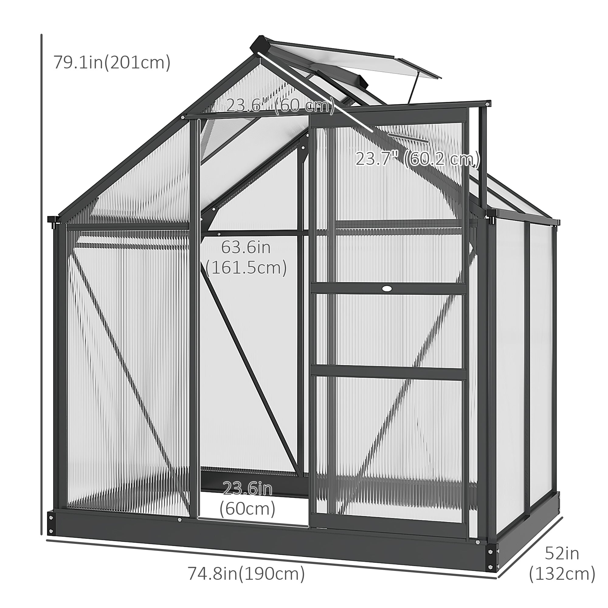 Greenhouse Garden, Green House, Outdoor Greenhouse Kit, PC Board with Sliding Door, 6.2' x 4.3' x 6.6', Grey