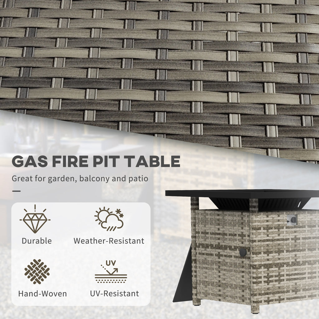 Outdoor PE Rattan Propane Fire Pit Table, 50,000 BTU Pulse-Ignition Wicker Fire Table, Mixed Grey